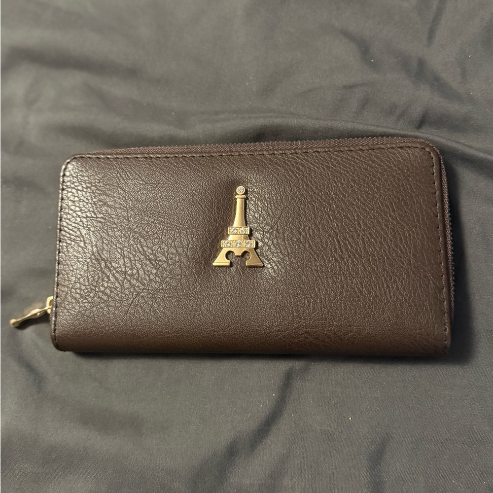 Brown Leather Wallet with Gold Eiffel Tower Accent